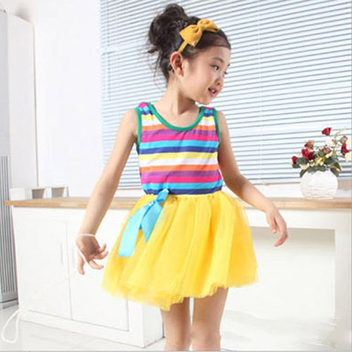 Baby Girls Puffy Dress Dancing Clothes Princess Tutu Rainbow Striped Dresses Kids Clothing J4U66