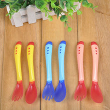 Baby Heat Sensing Thermal Feeding Fork Spoon Kids Weaning Soft Silicone Head 2 Pieces J4U66