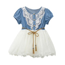 Baby Kids Girl Short Sleeve Denim Lace Dresses Tops White Guaze Children Tutu Dress Sundress 1-6YJFY66
