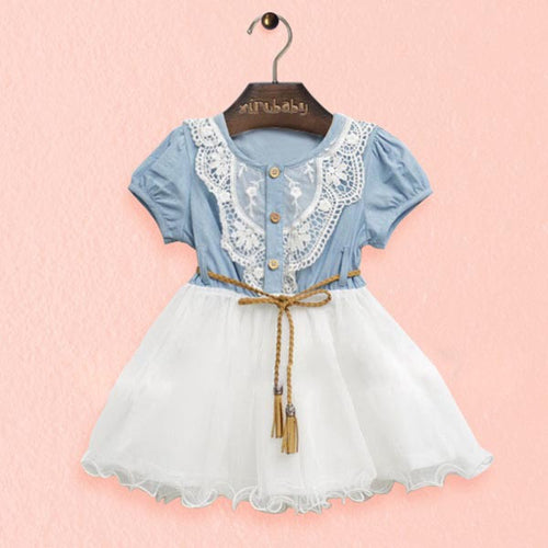 Baby Kids Girl Short Sleeve Denim Lace Dresses Tops White Guaze Children Tutu Dress Sundress 1-6YJFY66