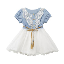 Baby Kids Girl Short Sleeve Denim Lace Dresses Tops White Guaze Children Tutu Dress Sundress 1-6YJFY66