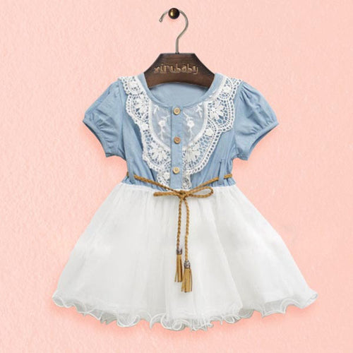 baby kids girl short sleeve denim lace dresses tops white guaze children tutu dress sundress 1~ years J4U66