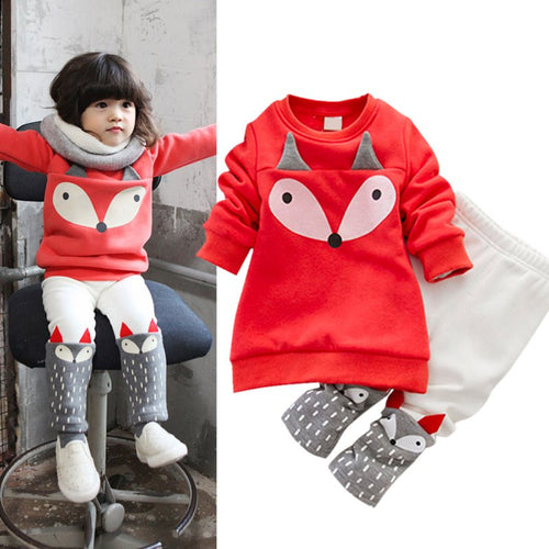 Baby Kids Girls Clothes Set Cotton Thick Velvet Outfits Long Sleeve T shirts + Pants Cartoon J4U66
