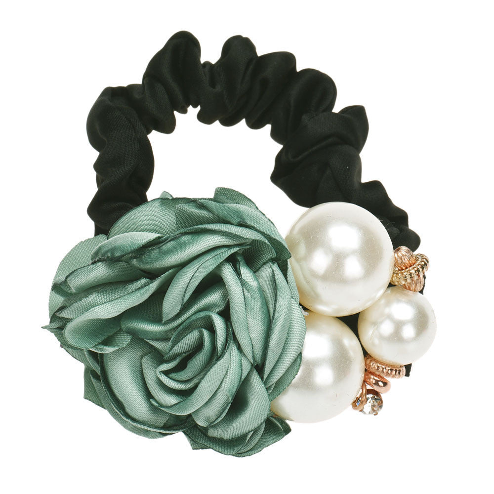 Pearls Beads Rose Flower Hair Band Rope Scrunchie Ponytail Holder Girls Headdress Hair Ropes Gift J4U66