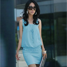 Women Dress Chiffon O Neck Office Dress Sleeveless Csual Bodycon Dress Vestidos Blue/White Plus Size J4U66