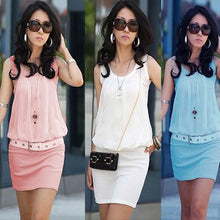 Women Dress Chiffon O Neck Office Dress Sleeveless Csual Bodycon Dress Vestidos Blue/White Plus Size J4U66