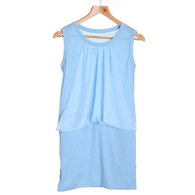 Women Dress Chiffon O Neck Office Dress Sleeveless Csual Bodycon Dress Vestidos Blue/White Plus Size J4U66