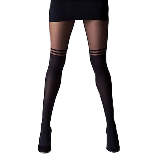 Black Sexy Women Temptation Sheer Mock Suspender Tights Cool Mock Over The Knee Double Stripe Sheer Tights Pantyhose Stockings J4U66