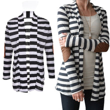 Black and White Striped Elbow Patching PU Leather Long Sleeve Knitted Cardigan Slim Women Sweater J4U66