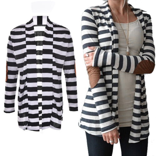 Black and White Striped Elbow Patching PU Leather Long Sleeve Knitted Cardigan Slim Women Sweater J4U66