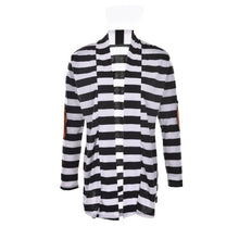 Black and White Striped Elbow Patching PU Leather Long Sleeve Knitted Cardigan Slim Women Sweater J4U66
