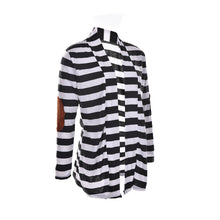 Black and White Striped Elbow Patching PU Leather Long Sleeve Knitted Cardigan Slim Women Sweater J4U66