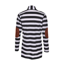 Black and White Striped Elbow Patching PU Leather Long Sleeve Knitted Cardigan Slim Women Sweater J4U66