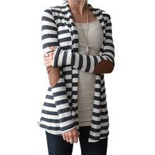 Black and White Striped Elbow Patching PU Leather Long Sleeve Knitted Cardigan Slim Women Sweater J4U66