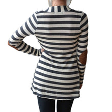 Black and White Striped Elbow Patching PU Leather Long Sleeve Knitted Cardigan Slim Women Sweater J4U66