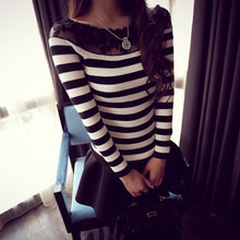 Black and white striped blouse Knitted women tops lace floral embroidery shirts long sleeve knitwear Women Formal Tops J4U66