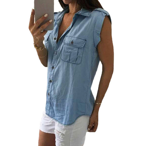 Blue Jean Denim Women Lady Tops Casual Sleeveless Blue Shirts Pocket Brief Tops Outwear Clothing Vest J4U66