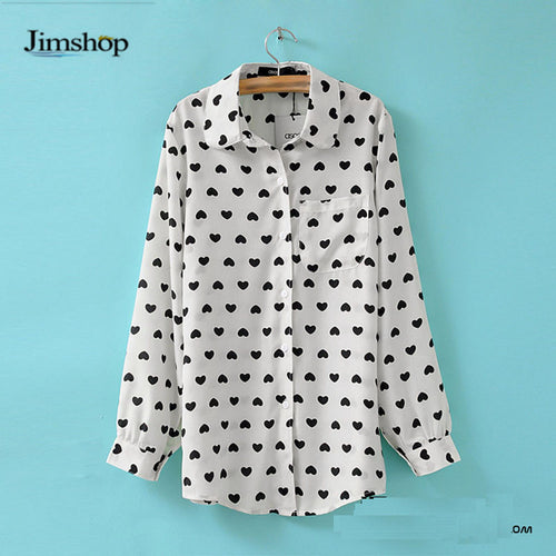 Blusas Femininas Fashion Vintage Women's Shirt Chiffon Love Heart Sweet Black Women Long Sleeve Tops Roupas S M L J4U66