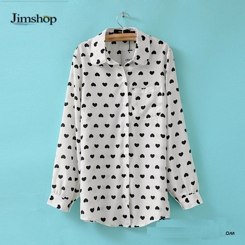 Blusas Femininas Fashion Vintage Women's Shirt Chiffon Love Heart Sweet Black Women Long Sleeve Tops Roupas S M L J4U66