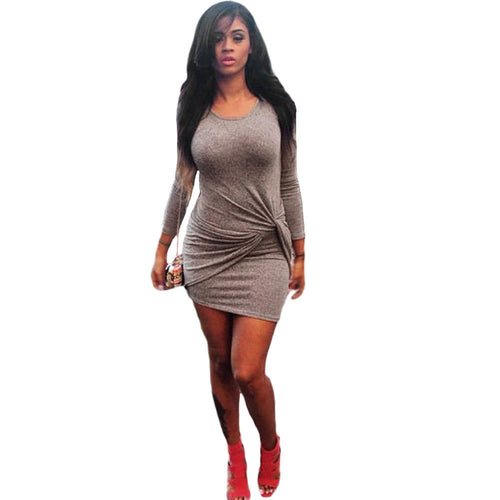 bodycon women sexy dress round neck 3/4 sleeve twist front night club mini party dresses plus size vestidos coffee J4U66