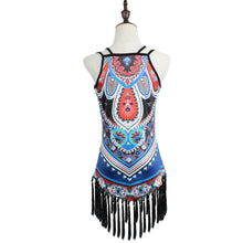 boho style blouses women shirt geometric print tassel hem hollow out sleeveless women tops plus size blusas femininas J4U66