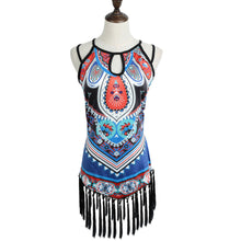 boho style blouses women shirt geometric print tassel hem hollow out sleeveless women tops plus size blusas femininas J4U66