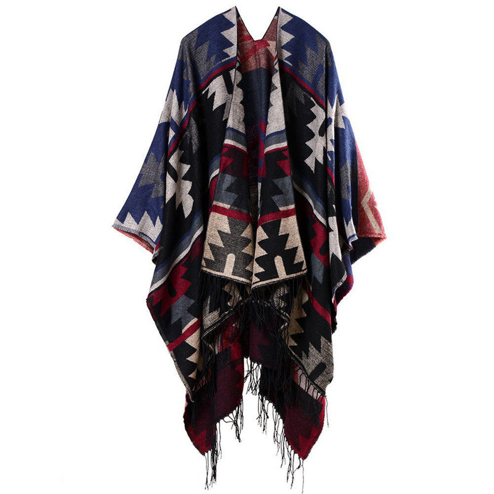 women warm tassels cape geometric print open front large contrast poncho shawl pashmina casual cardigan J4U66