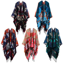 women warm tassels cape geometric print open front large contrast poncho shawl pashmina casual cardigan J4U66