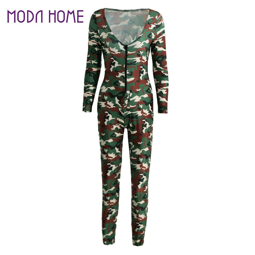 sexy outfits women jumpsuit camouflage print v neck long sleeve bodycon playsuit rompers army green catsuit J4U66