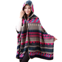 vintage women hooded cape poncho scarf geometric print button warm long scarves cardigan shawl pashmina grey coffee J4U66