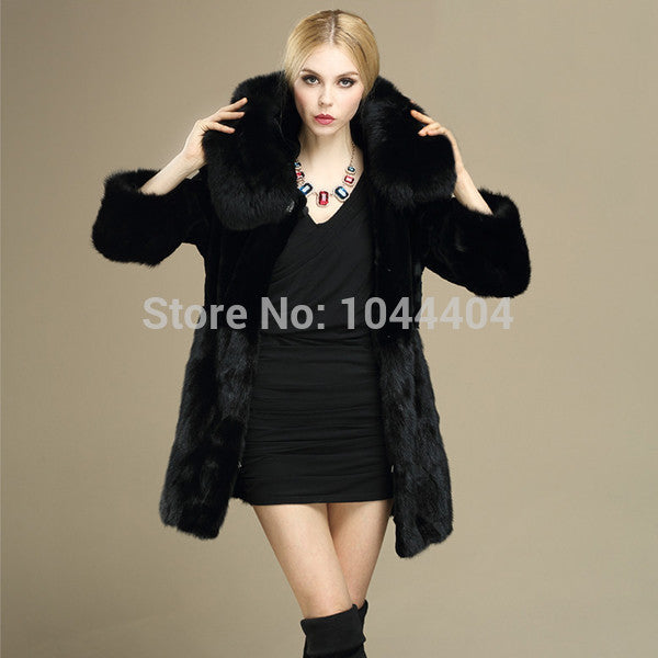luxury women rabbit furcoat fox furcollar hooded long jacket parka J4U66