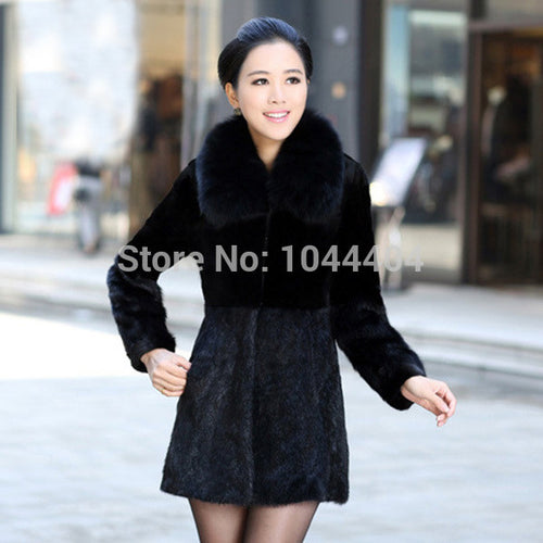 Brand newWarm Women Luxury Mink Fur Sleeve Long Coat Jacket Outwear Fur Collar UK8-16 J4U66