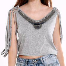 camisas femininas europe sexy women crop top beading tassel sleeveless o neck bustier top solidcolor grey cropped feminino J4U66