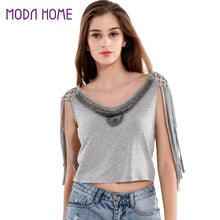 camisas femininas europe sexy women crop top beading tassel sleeveless o neck bustier top solidcolor grey cropped feminino J4U66