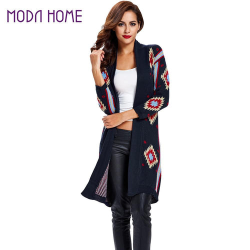 cardigan women vintage oversized sweatercontrast geometric striped outerwear three quarter sleeve long coat J4U66