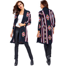 cardigan women vintage oversized sweatercontrast geometric striped outerwear three quarter sleeve long coat J4U66