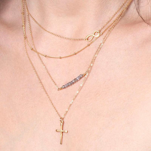 Charm Infinity Crystal Beads Cross Pendant Necklace Lovely Women Multilayer Chain Necklace J4U66