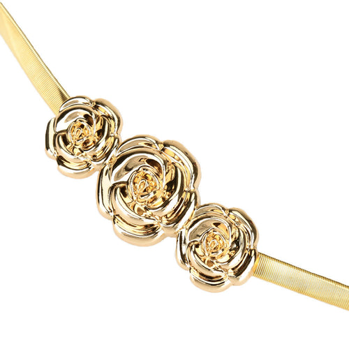 chic women metal belt rose clasp front stretch waist strap elastic waistband gold silver J4U66