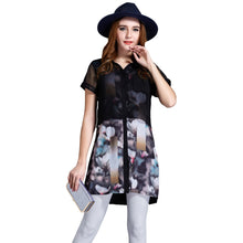 clearance chiffon women blouse floral print short sleeve elegant-shirts long women tops black plus size women clothing J4U66