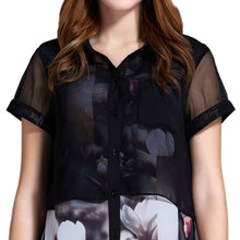 clearance chiffon women blouse floral print short sleeve elegant-shirts long women tops black plus size women clothing J4U66