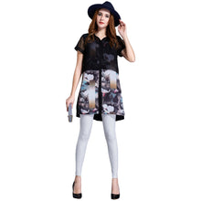 clearance chiffon women blouse floral print short sleeve elegant-shirts long women tops black plus size women clothing J4U66