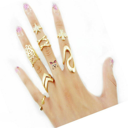 Clover Rhinestone Joint Tail Finger Knuckle Ring Set for women 7PCS Rock Punk Gold Plated Stack Band Midi Rings J4U66