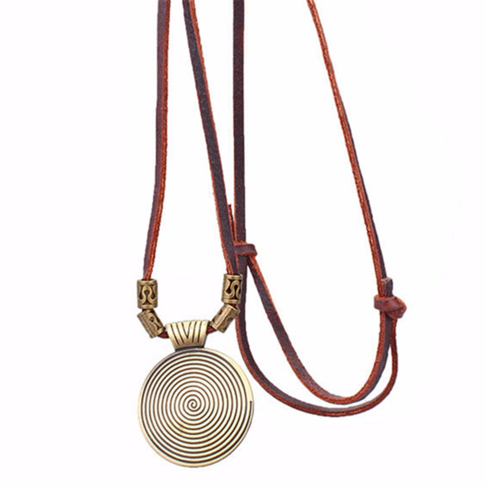 Cool Rock Round Pendant Long Chain Necklace Vintage PU Leather Pendant Necklace J4U66