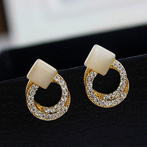 Crystal Rhinestone Stud Earrings Gold Double Ring Ear Studs Geometric Women Jewelry Elegant Korean Style J4U66