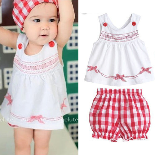 Cute Infant Bbay Girls Plaid Short Pants Clothes Sets Sleeveless Tops Scarf 3pcs Outfit Kids Clothing Set J4U66