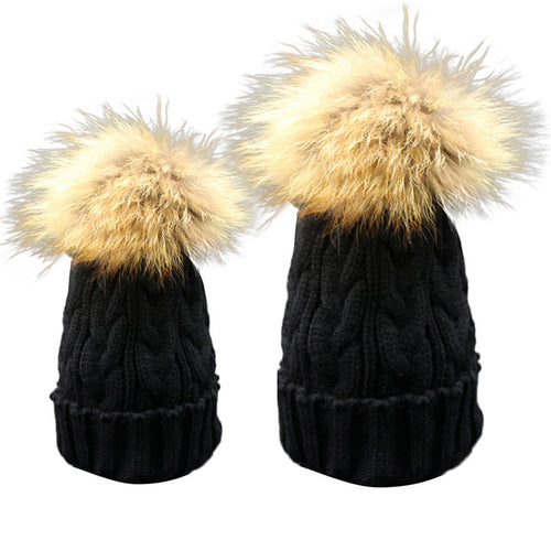 Cute Trendy Mom And Baby Crochet Hat Fur Wool Knit Warm Cap Knitted Hats Caps Toddler bonnet enfant set J4U66