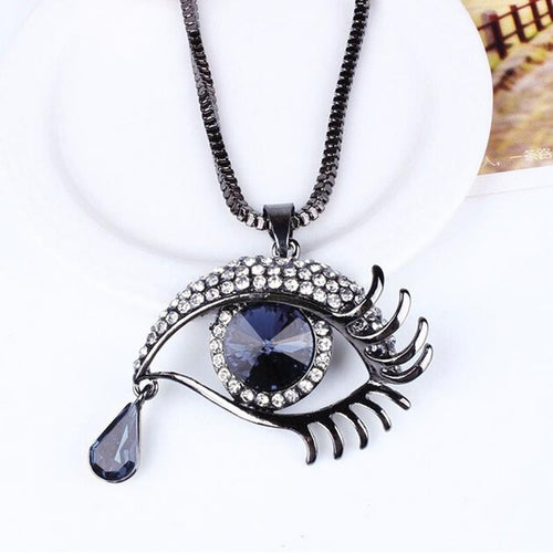 Deep Blue Evil Eye Hamsa Magic Long Chain Sweater Necklace Crystal Rhinestone Teardrop Pendant Necklace J4U66
