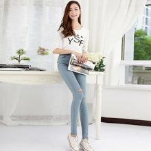 jeans womens denim hollow out strech blue black skinny high waist denim pencil pants plus size J4U66