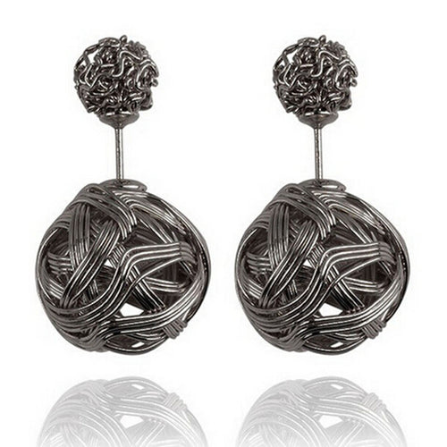 Double Sides Two Gold Plated Ball Hollowed Studs EarringsWomen's Jewelry J4U66