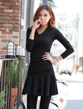 dresses for women solidcolor v neck vestidos long sleeve slim waist pleated dress women mini dress black grey J4U66